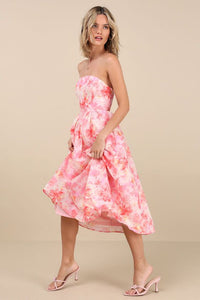 Eulalia Pink Floral Lace-Up Strapless Bustier Midi Dress