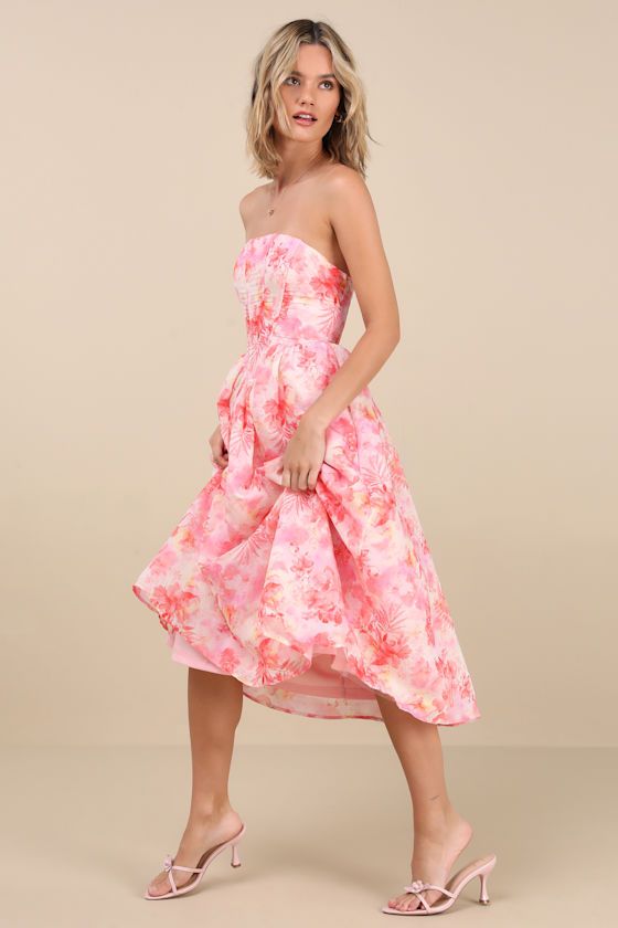 Eulalia Pink Floral Lace-Up Strapless Bustier Midi Dress