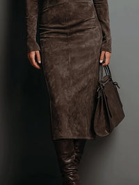 Sienna – Midi Suede Dress with High Neck & Long Sleeves