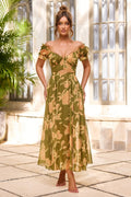 Solstice Bloom Chiffon Midi Dress Olive Multi