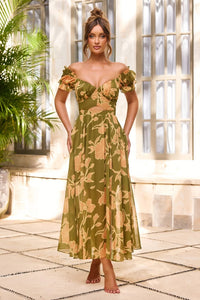 Solstice Bloom Chiffon Midi Dress Olive Multi