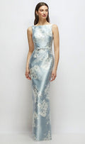 Floral Bateau Neck Satin Column Dress With Bow Trimmed Skinny Belt