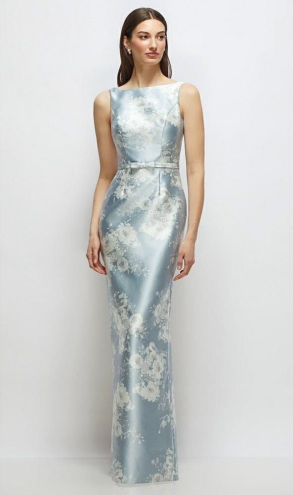 Floral Bateau Neck Satin Column Dress With Bow Trimmed Skinny Belt
