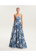 Blue Floral Strapless Maxi Evening Gown with Corset Bodice