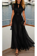 Lamberty Chiffon Lace Trim Cutout Neck Puff Sleeve Elastic Waist Maxi