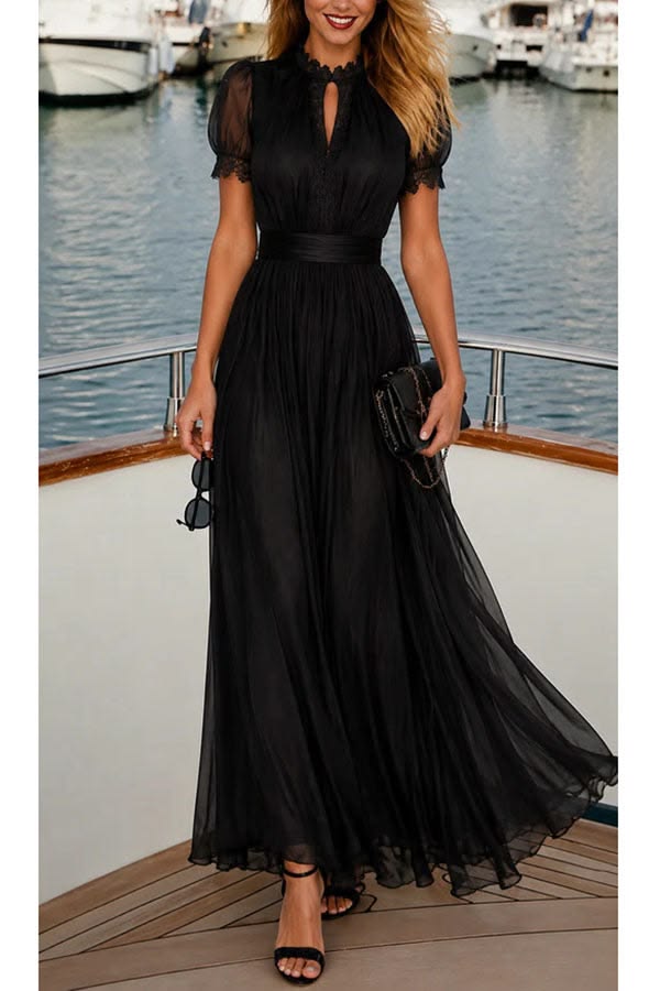 Lamberty Chiffon Lace Trim Cutout Neck Puff Sleeve Elastic Waist Maxi