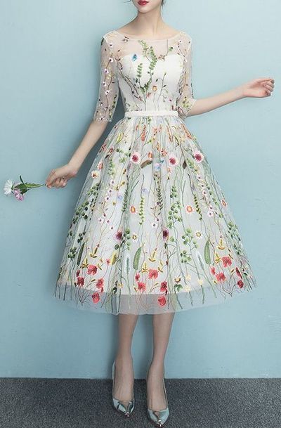 A Line Dress With Colorful Embroidered Flowers ,evening Dress,short