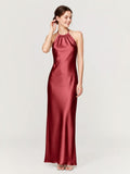 Acetate Satin Burgundy Bridesmaid Dress Halter Sheath Column Ruched,