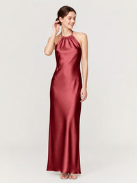 Acetate Satin Burgundy Bridesmaid Dress Halter Sheath Column Ruched,