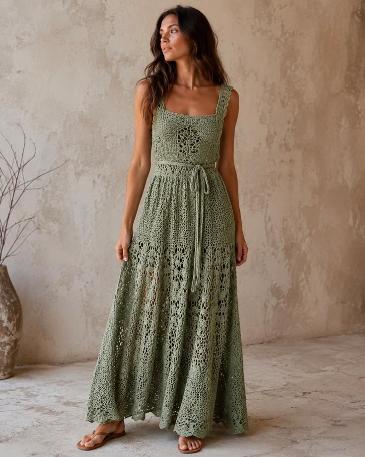 Crochet Lace Dress Pattern Pdf, Sage Green Maxi Sundress, Boho Beach
