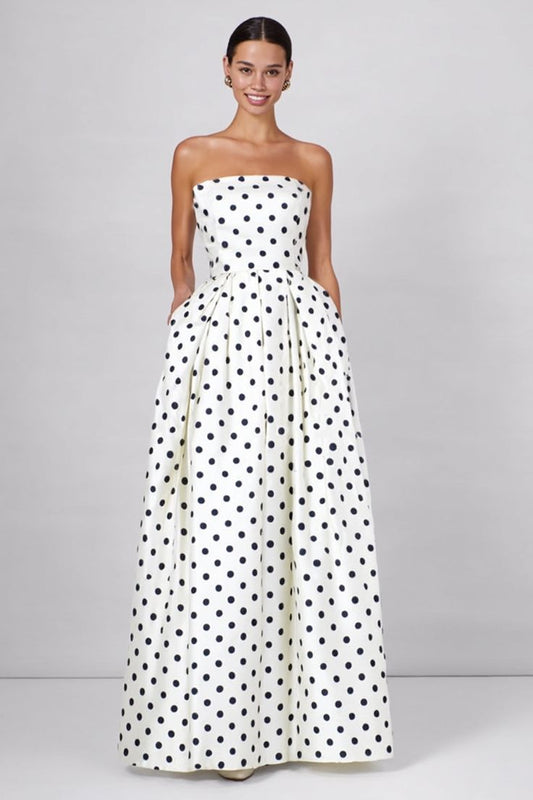 Black And White Polka Dots A Line Strapless Long Formal Dress White