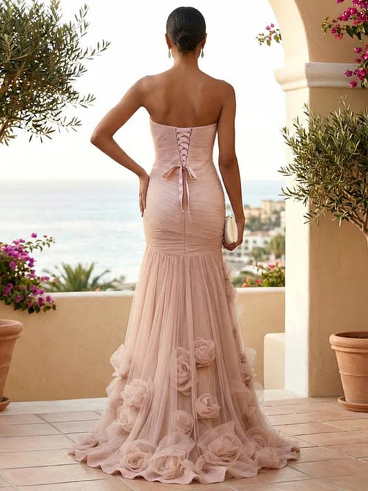 Dreamylily Party Dress Sweetheart Tulle V Neck Pleat Mermaid Evening