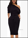 One Shoulder Belted Pencil Dress With Pockets Stretchy Knit Sheath