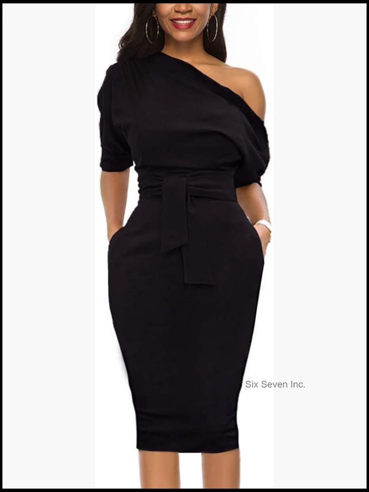 One Shoulder Belted Pencil Dress With Pockets Stretchy Knit Sheath