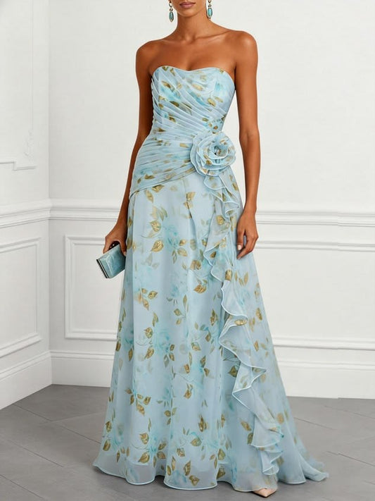 Light Blue Floral 3D Floral Tulle Strapless Sleeveless A-Line Floor-length Gown Dress Light Blue-US2
