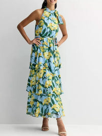 Donna Ricco Dress Donna Ricco Sleeveless Printed Chiffon Halter Maxi