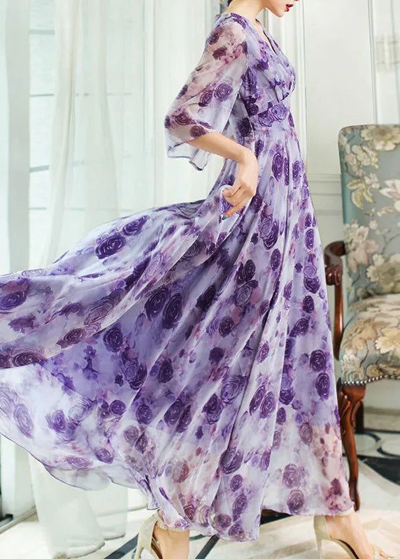 Style Purple V Neck Print Slim Chiffon Vacation Maxi Dress Spring