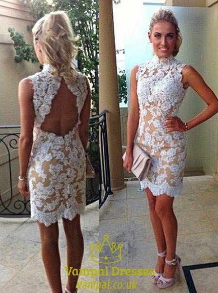 Peach High Neck Short Lace Sheath Prom Dress With Keyhole Back