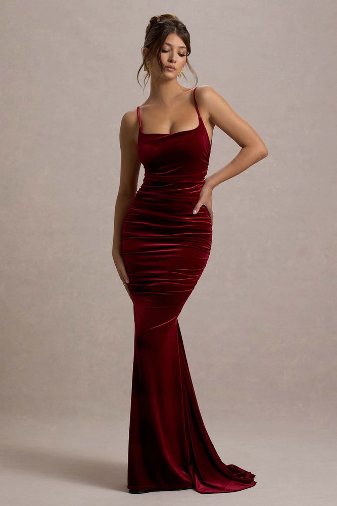 Adele Berry Velvet Ruched Strappy Fishtail Maxi Dress