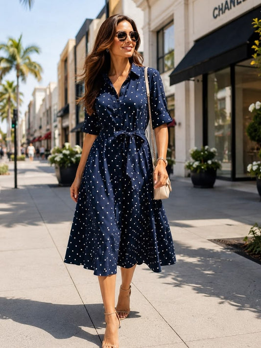 Dkny Dress Dkny Navy Polka Dot Midi Shirt Dress Color: Blue Size: 14