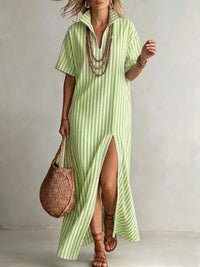 Striped High Slit Maxi Shirt Dress Green