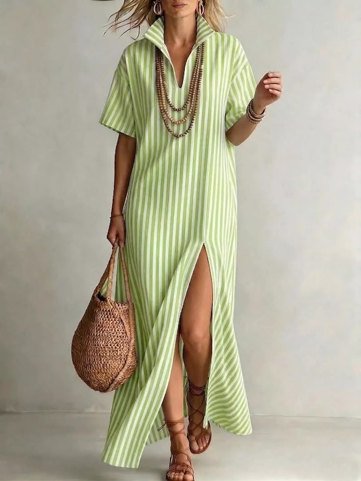 Striped High Slit Maxi Shirt Dress Green