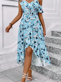 Floral Asymmetrical Ruffle Midi Dress Color: Blue Size: M