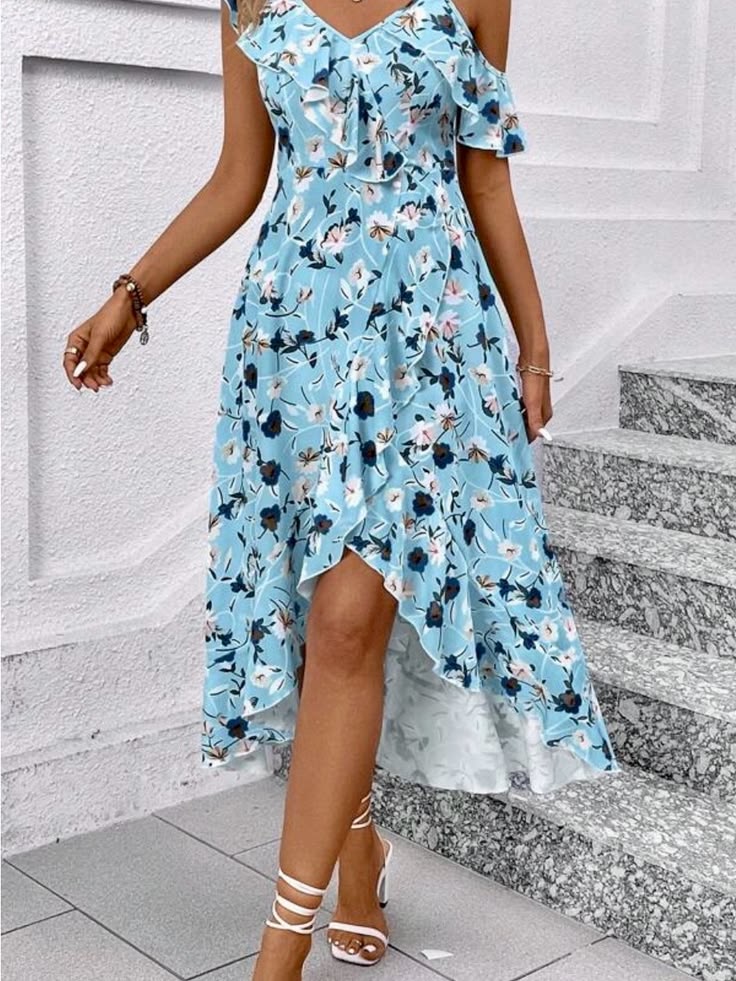Floral Asymmetrical Ruffle Midi Dress Color: Blue Size: M