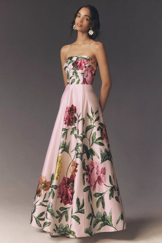 BHLDN Kira Strapless Printed Satin A-Line Maxi Dress