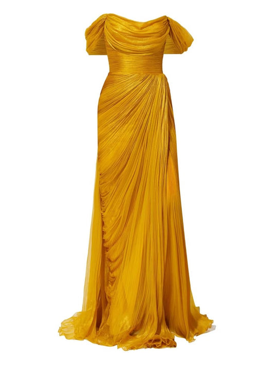 Iris Serban Pleated Off Shoulder Dress Gold