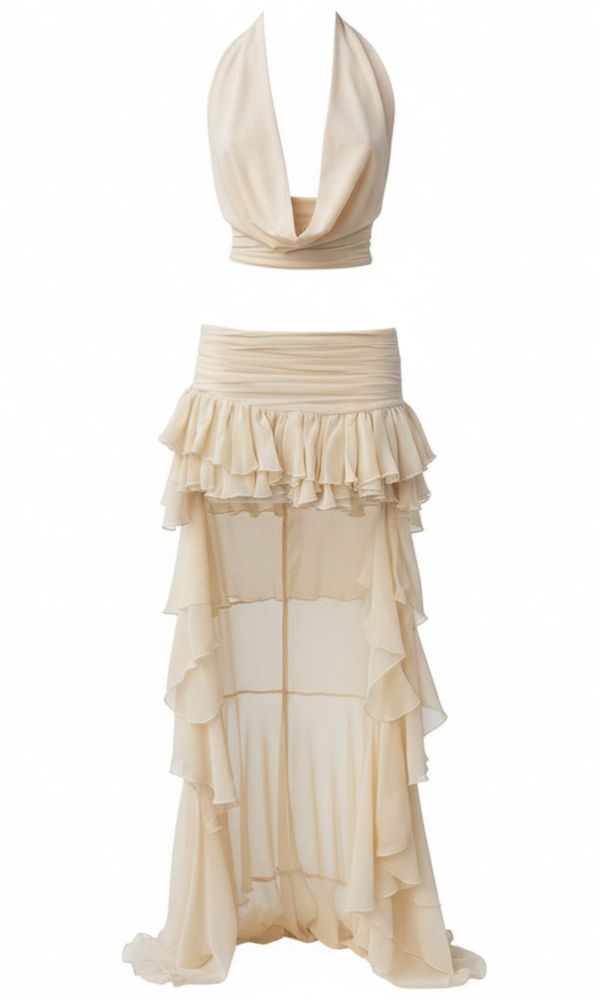 Halter Draped Ruffle Two Piece Maxi Dress Ivory