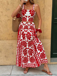 2Pcs 1960s Square Neck Geometric Floral Top & Maxi Skirt Red
