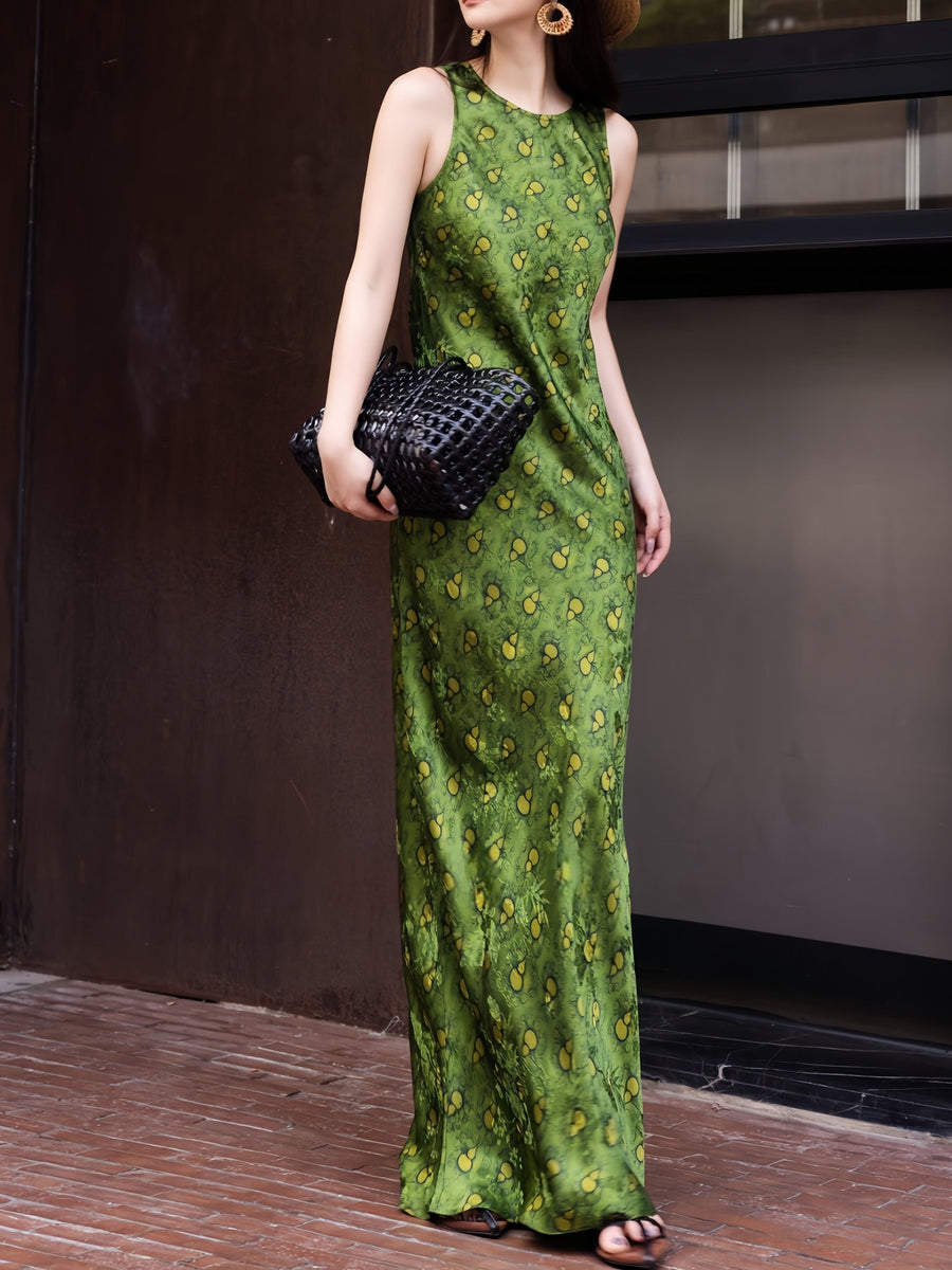 100% Rayon Printed Maxi Dress – Elegant Waist-Slimming Summer Silk-Feel Long Dress