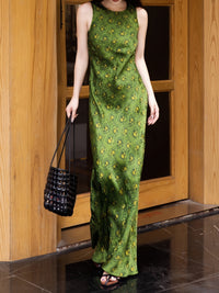 100% Rayon Printed Maxi Dress – Elegant Waist-Slimming Summer Silk-Feel Long Dress