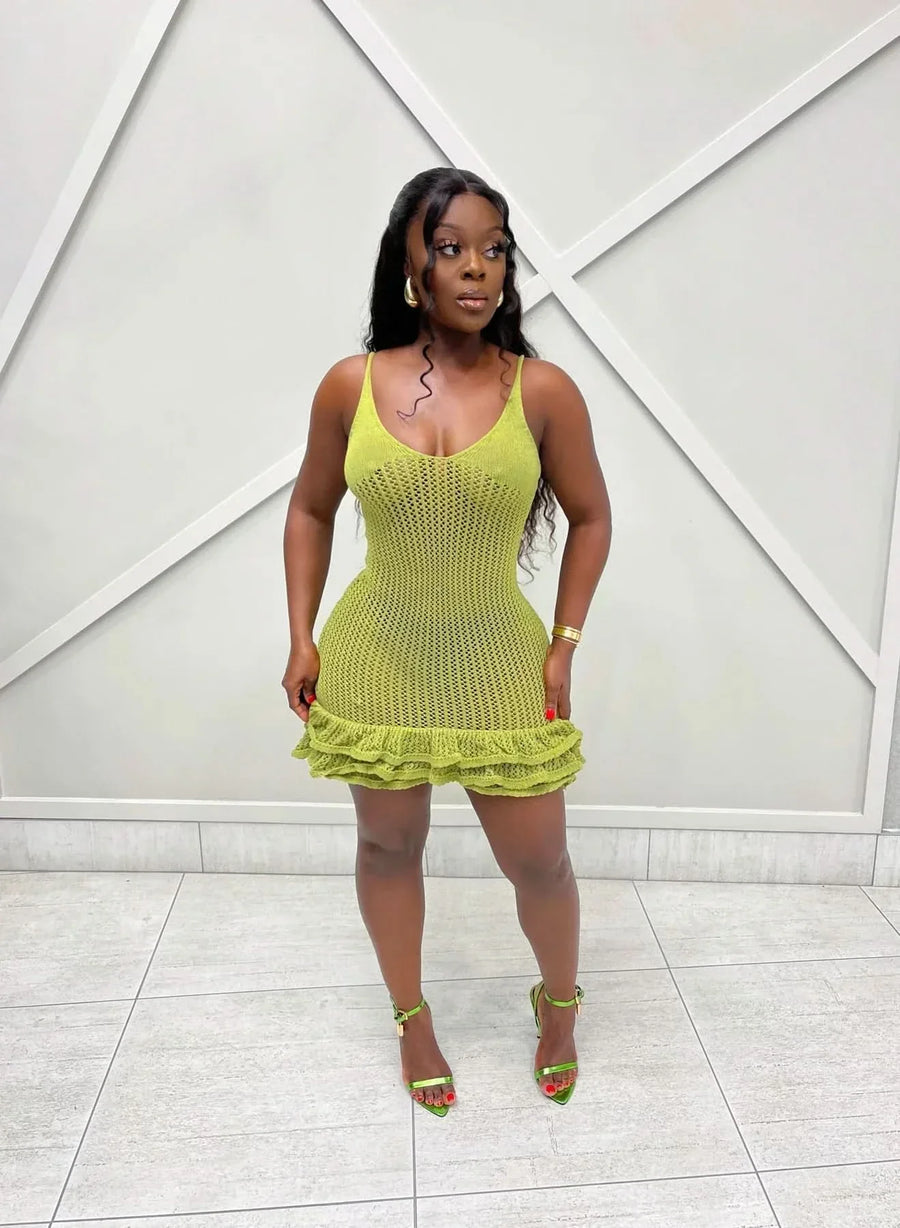 DIANA | CROCHET RUFFLE MINI DRESS Green