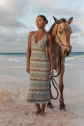 Majesty Turquoise and Brown Crochet Halter Midi Dress