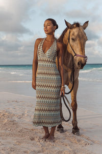 Majesty Turquoise and Brown Crochet Halter Midi Dress