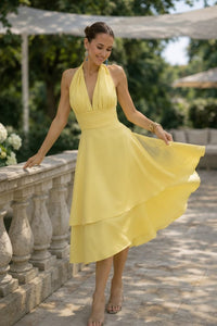 Lemon Yellow Midi Dress Elegant Layered Summer Dress Wedding Guest