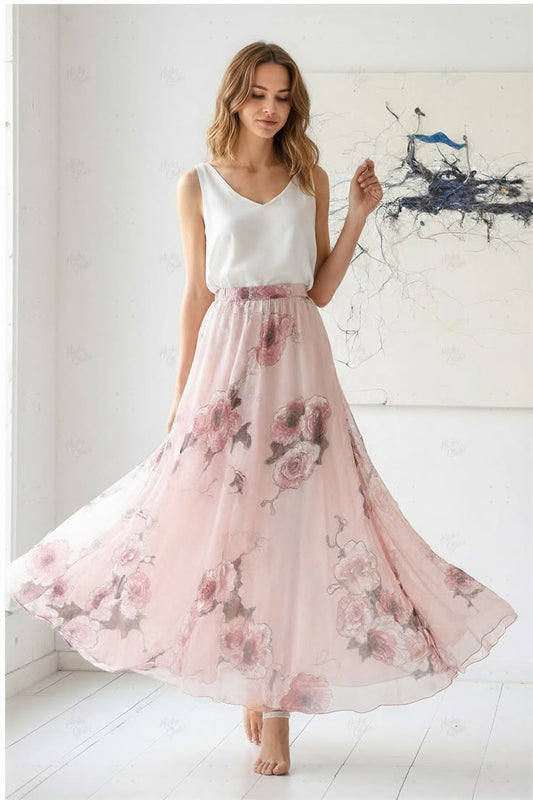 Opulent Bohemian Chiffon Printed Midi Skirt with a Delicate Floral Design and Graceful Flared Hem - Ideal for an Upscale Getaway and Fashionable Coastal Attire