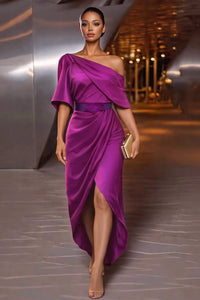 Satin One Shoulder Ruched Waist Asymmetric Maxi Dress Purple Xl(Us 14)