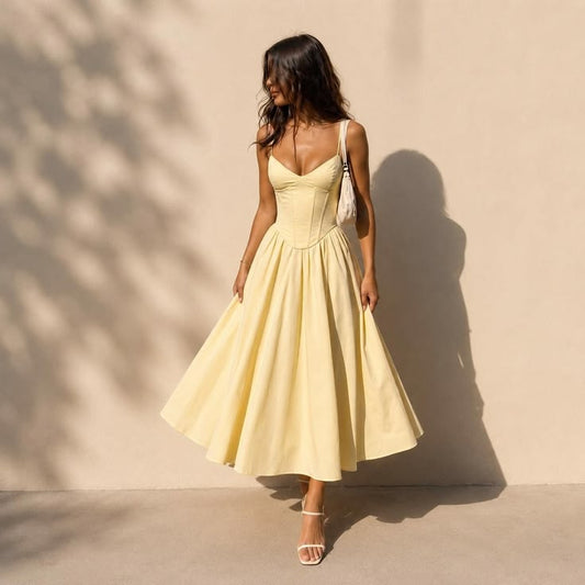 Lemon Yellow Corset Midi Dress, Basque Waist Summer Dress, Lace Up