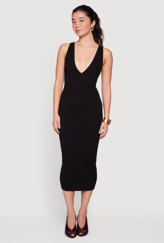 Plunge Neckline Sleeveless Midi Dress
