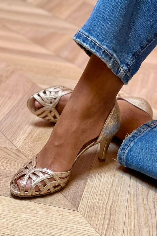 Peggy – Gold Metallic Peep-Toe Mid Heels