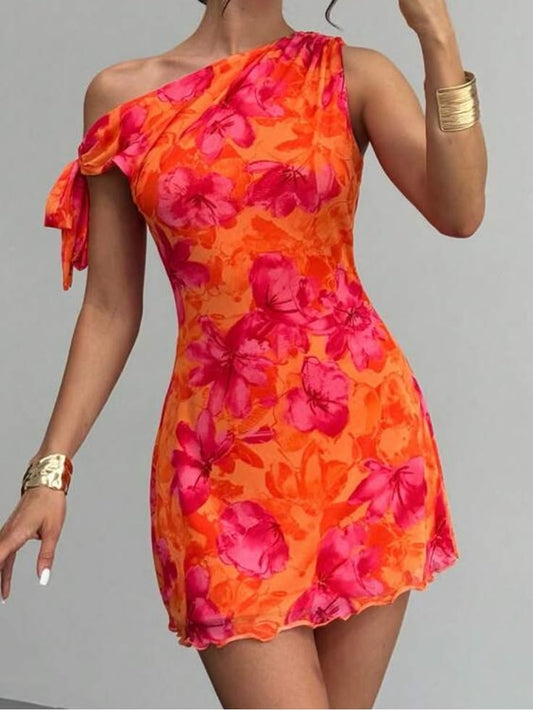 One-Shoulder Red Orange & Pink Floral Mini Dress
