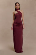 Mattea Slinky And Mesh Maxi Dress With Scarf Burgundy