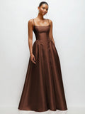 Scoop Neck Drop Basque Skirt Satin Maxi Dress With Pockets In Cognac