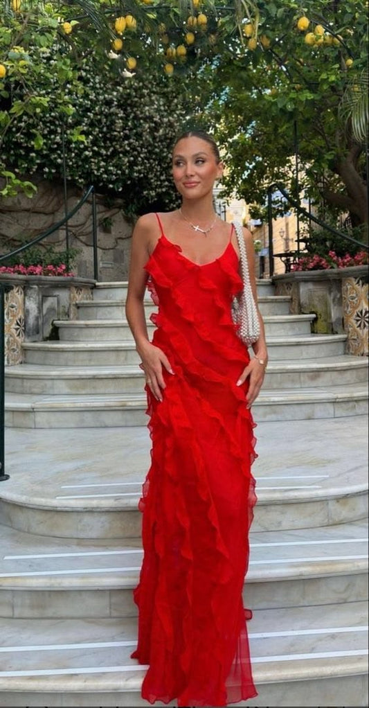 Elegant Mermaid Spaghetti Straps Red Prom Dress 21th Birthday Outfits