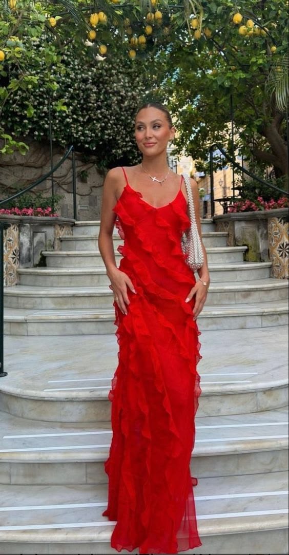 Elegant Mermaid Spaghetti Straps Red Prom Dress 21th Birthday Outfits