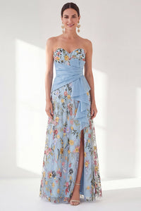 Blue A Line Sweetheart Floral Long Mother Of The Bride Dress With Slit