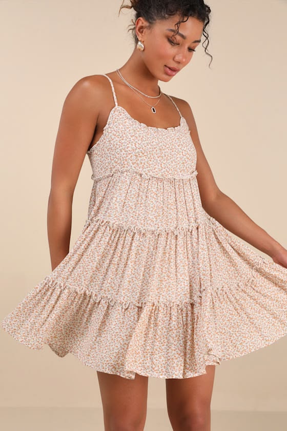 Sitting In The Sun Ivory Floral Print Ruffled Babydoll Dress